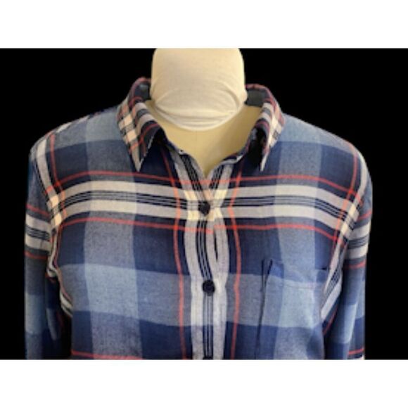 Dylan Plaid Button Front Blouse Fringe Hem Roll Up Sleeves Sz. L Packable - Picture 4 of 16